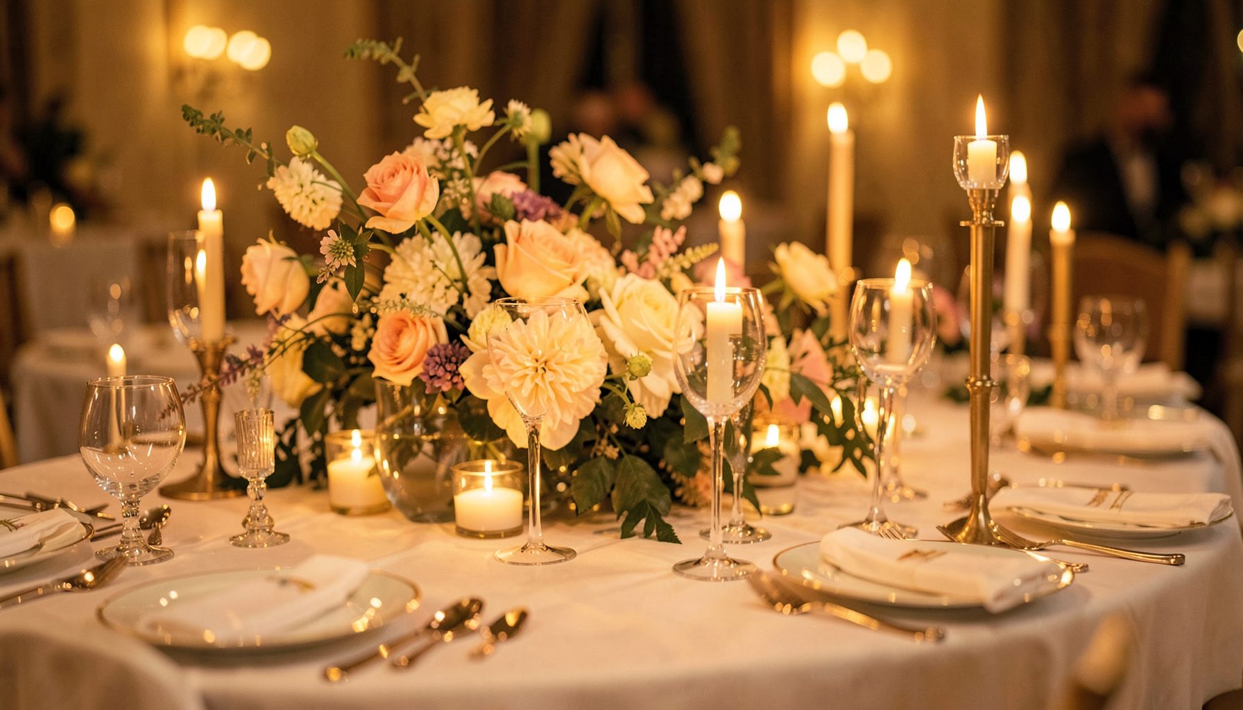 Ein festlich gedeckter Tisch mit Blumenarrangement und Kerzen, warmes goldenes Licht, elegante Hochzeitsatmosphäre