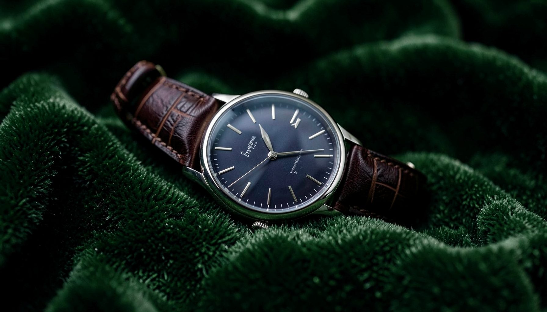Eine Uhr mit dunklem Zifferblatt und edlem Lederarmband liegt auf einem samtigen Untergrund in tiefem Grün