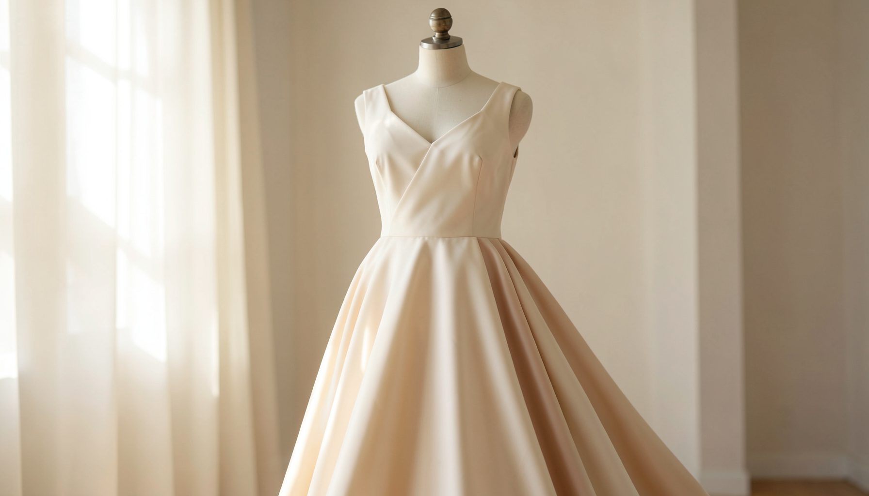 Ein elegantes, schlichtes Brautkleid aus fließendem Stoff an einer Kleiderpuppe, weiches Tageslicht von links, cremeweiß