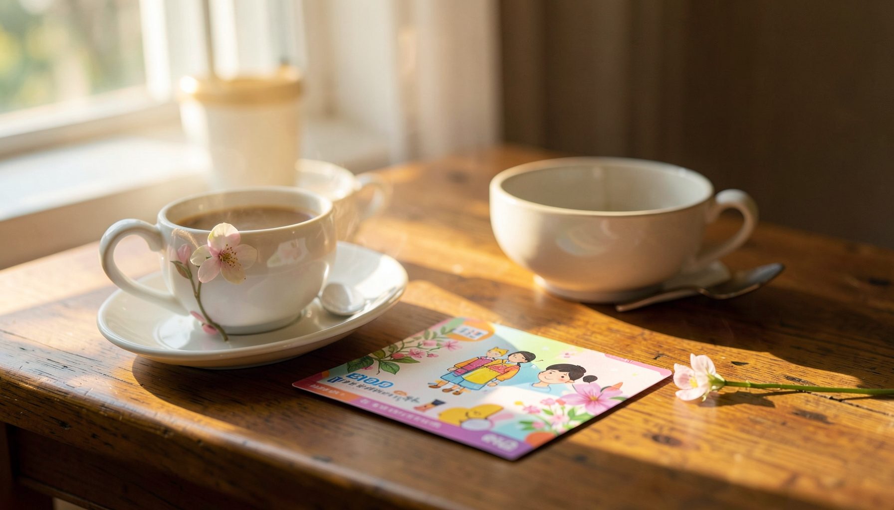 Ein bunt gestalteter Gutschein liegt auf einem Tisch neben einer Tasse Kaffee und einer kleinen Blume, warmes Morgenlicht