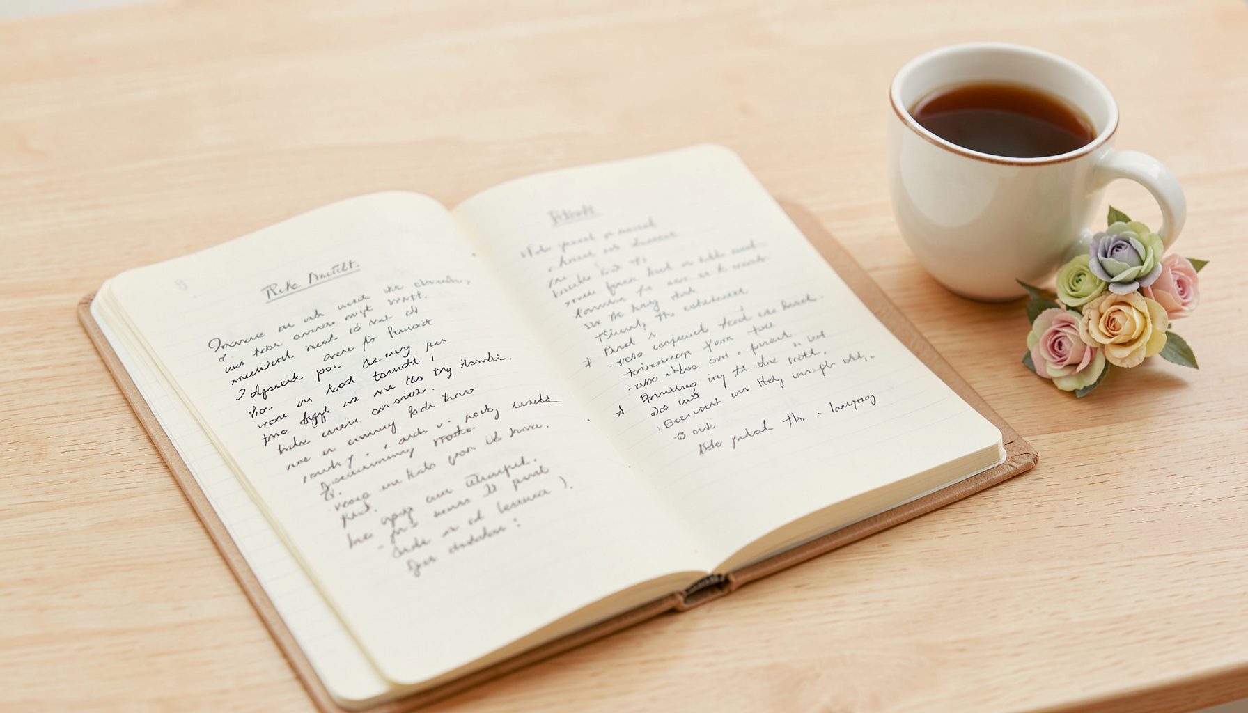 Ein aufgeschlagenes Notizbuch mit handschriftlichen Notizen und einem Stift auf einem hellen Holztisch, daneben eine Tasse Kaffee