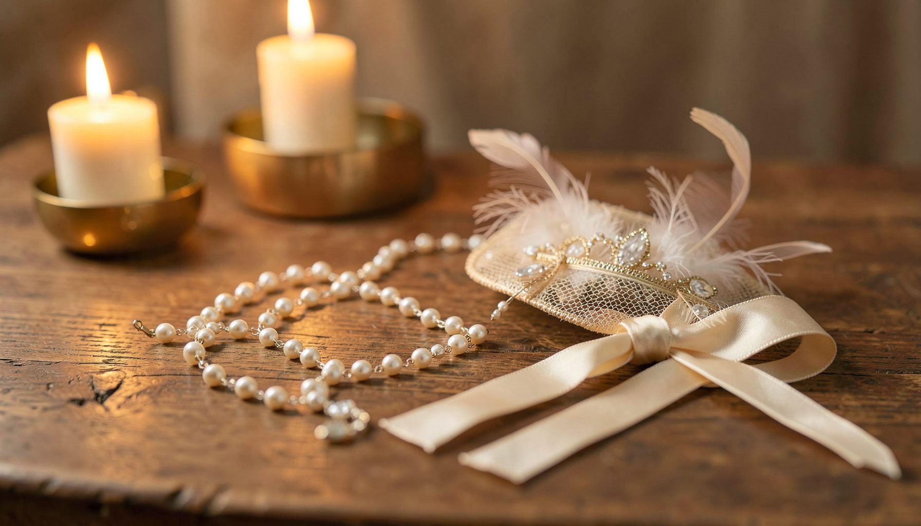 Nahaufnahme von zarten Accessoires: eine Perlenkette, ein kleiner Fascinator mit Federn und eine Seidenschleife, arrangiert auf hellem Grund
