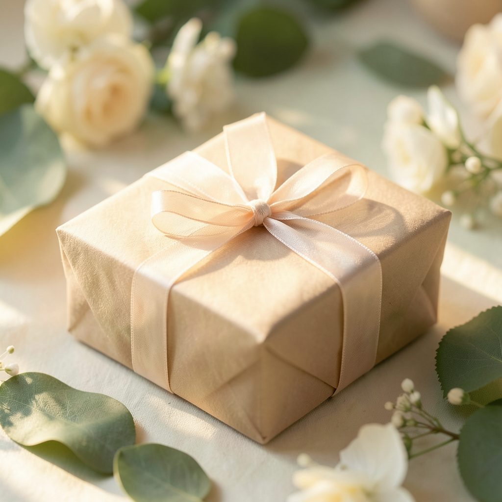 Weiches, warmes Licht fällt auf ein liebevoll verpacktes Geschenk mit zarter Schleife, umgeben von sanften Grün- und Cremetönen
