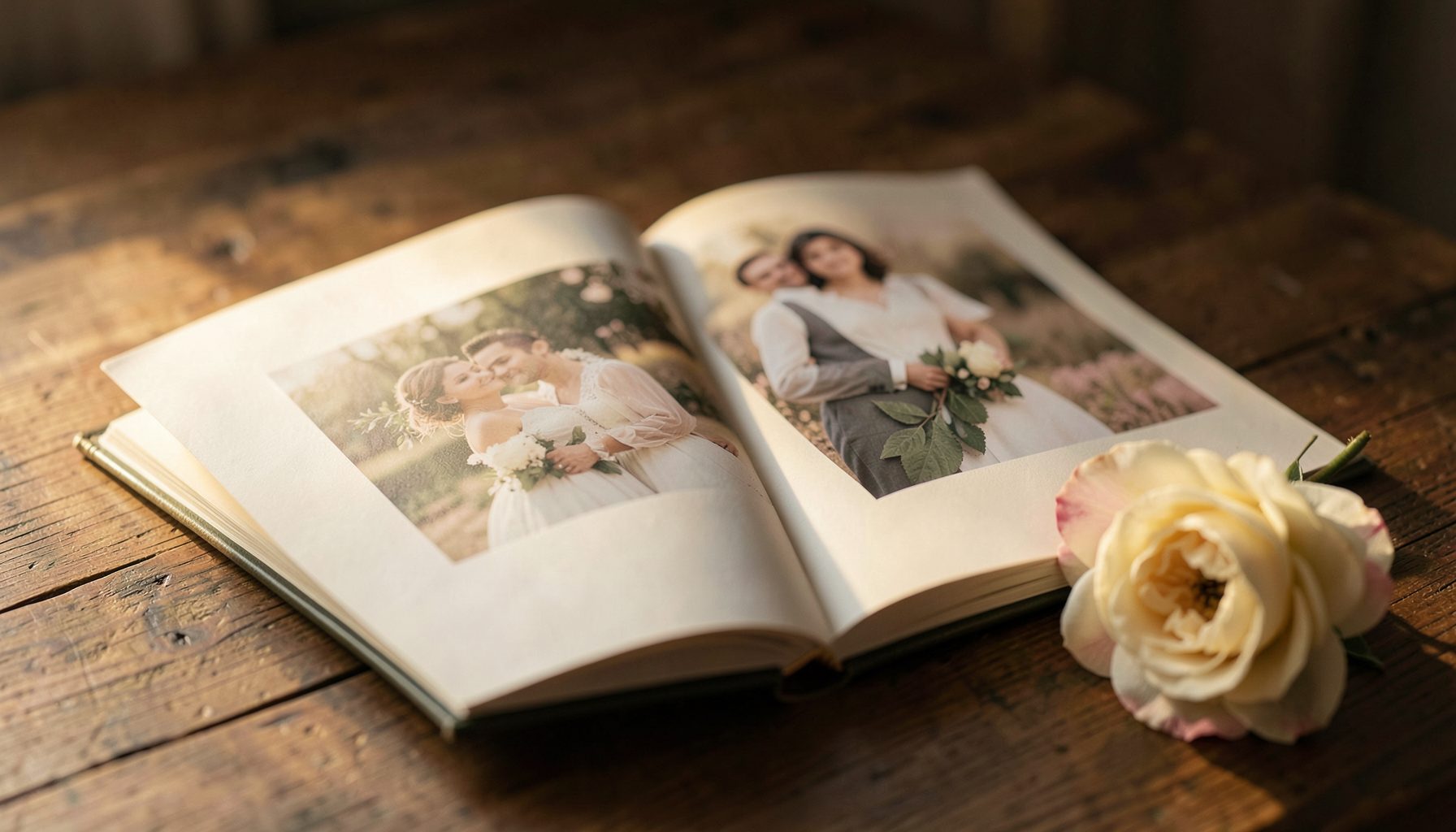 Weiches, warmes Licht fällt auf ein offenes Hochzeitsfotobuch auf einem Holztisch, daneben eine zarte Blüte in Creme- und Rosétönen